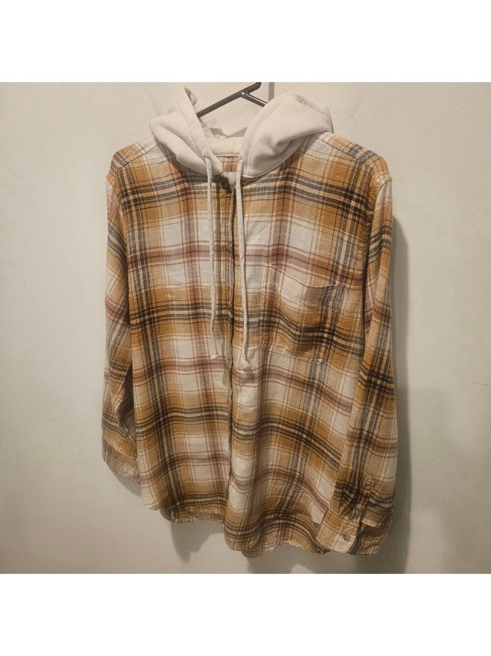 Women's American Eagle Oversized Hooded Plaid Flannel Shirt L Beige Brown - Picture 5 of 11